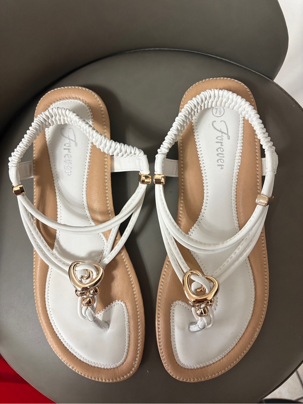 Forever 21 White and Tan Heart-Embellished Thong Sandals